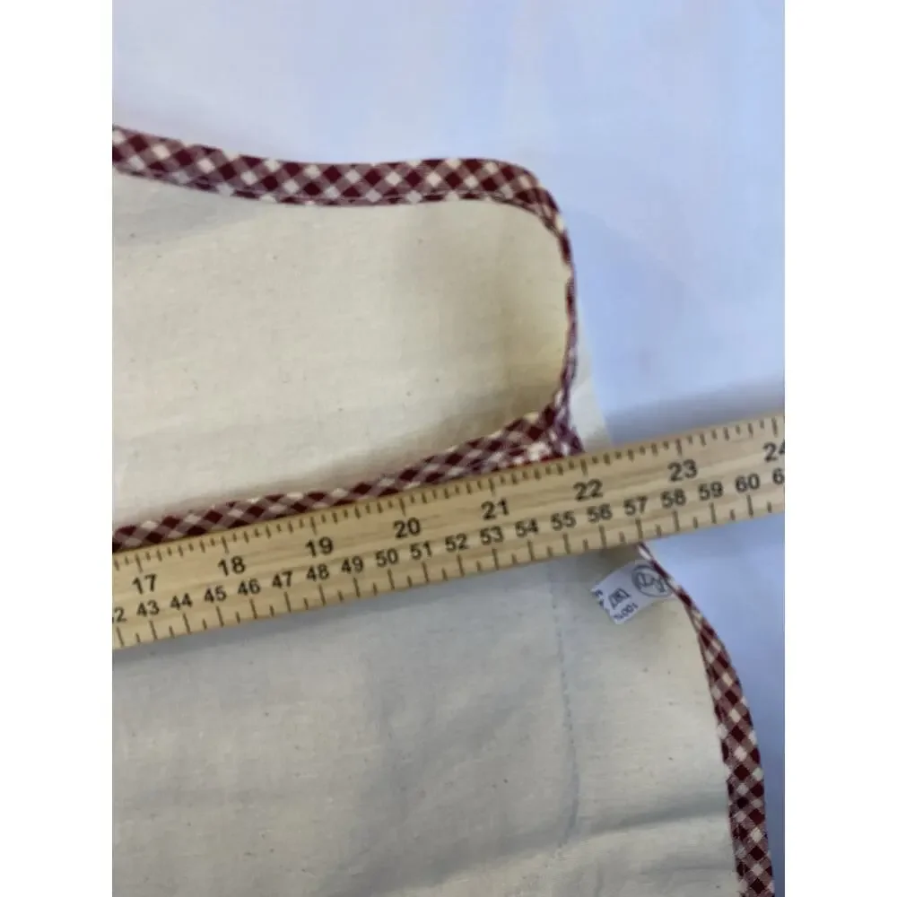 Nonna Embroidered Bib Apron Beige/Maroon Gingham Trim Pocket Cotton One Size
